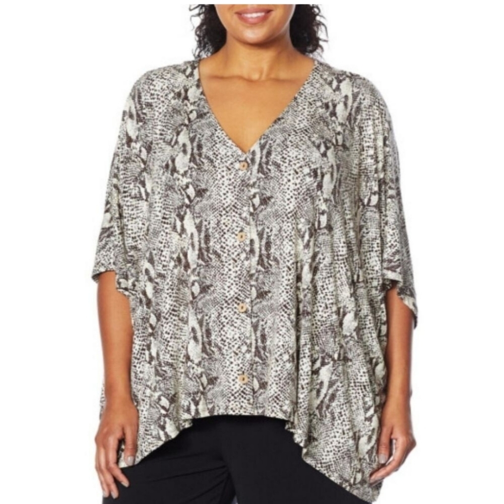 Colleen Lopez Oversized Drape Poncho Blouse Button Up Animal Print Women's NWOT